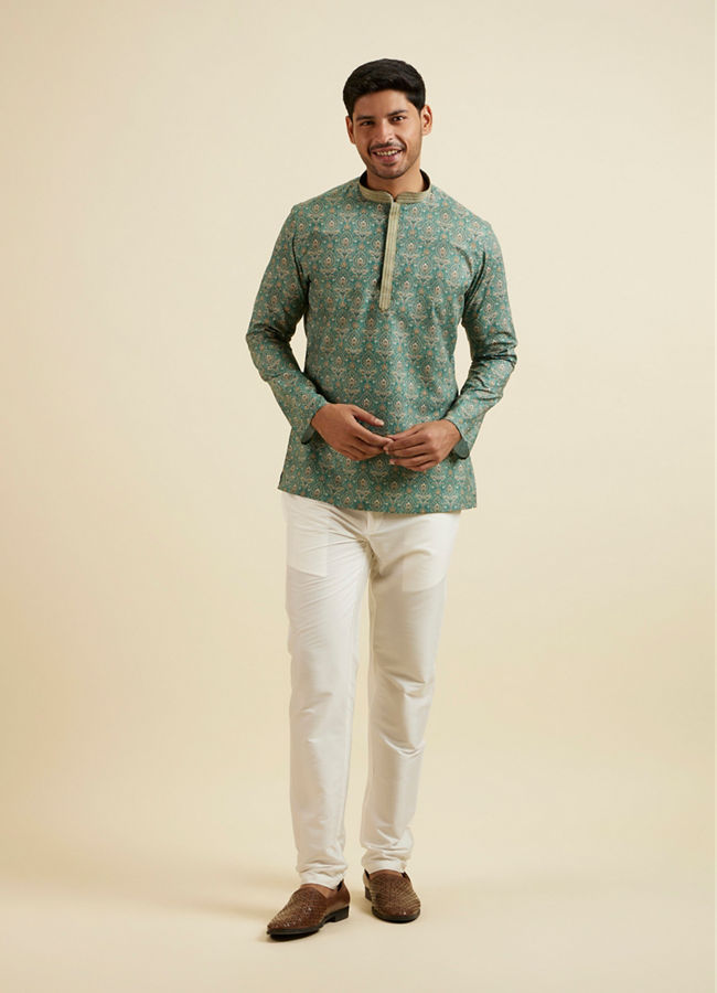 alt message - Manyavar Men Light Mid Green Medallion Print Short Kurta image number 2